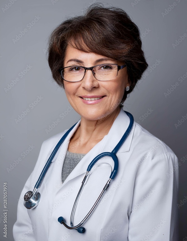 Portrait of a senior female doctor in glasses and uniform, with a stethoscope, isolated on a grey background. Healthcare concept. Portrait of a senior female doctor in glasses and uniform, with a stethoscope, isolated on a grey background. Healthcare concept.