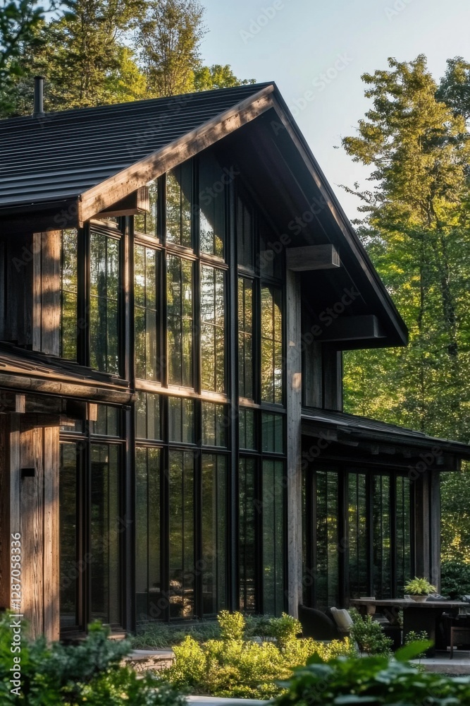 A contemporary wooden cabin nestled amid vibrant trees, bathed in warm natural light, creates a serene atmosphere in the tranquil forest during the late afternoon hours A contemporary wooden cabin nestled amid vibrant trees, bathed in warm natural light, creates a serene atmosphere in the tranquil forest during the late afternoon hours