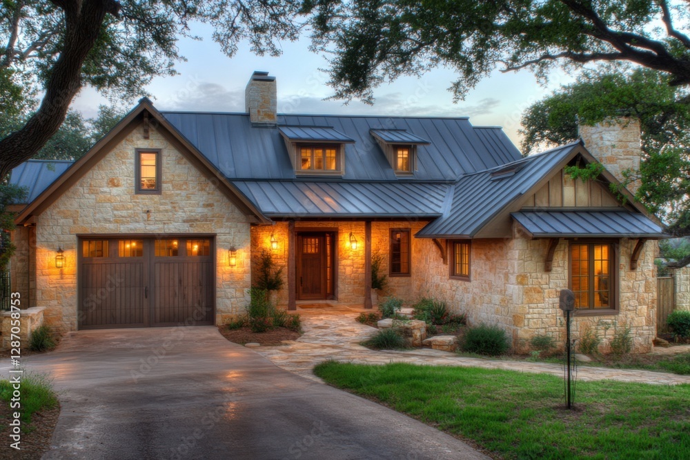 Charming stone house with modern design features situated in a serene neighborhood at dusk, showcasing warm lights and inviting front porch Charming stone house with modern design features situated in a serene neighborhood at dusk, showcasing warm lights and inviting front porch