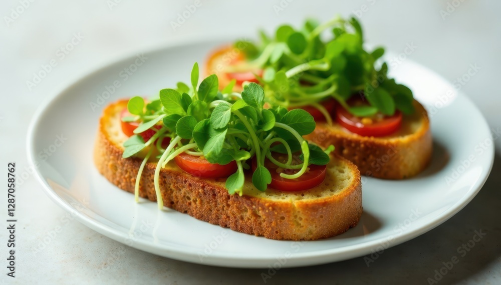 Crunchy vegan toast with vibrant microgreens on a white plate, plate, green, vegetables Crunchy vegan toast with vibrant microgreens on a white plate, plate, green, vegetables