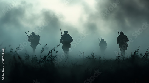 A squad of soldiers advancing through a foggy battlefield their silhouettes barely visible in the dense smoke.