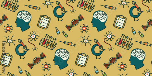 Medical research seamless pattern with human brain. Silhouette of head, brain cells, test tubes, syringe, ampoules,microscope. Background or texture for printing on fabric. Vector design for textile.
