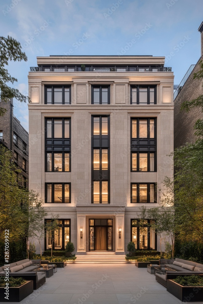 Naklejka premium A stunning façade of a luxurious residential building stands gracefully amid beautifully landscaped surroundings, illuminated by the tranquil evening light