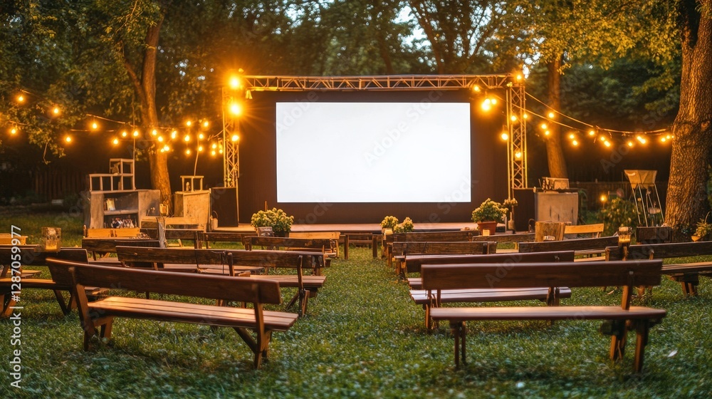 Obraz premium Outdoor movie screen with a blank white space for text, illuminated by stage lights against a scenic natural backdrop at sunset. Open-air cinema mockup for summer entertainment and event promotion.