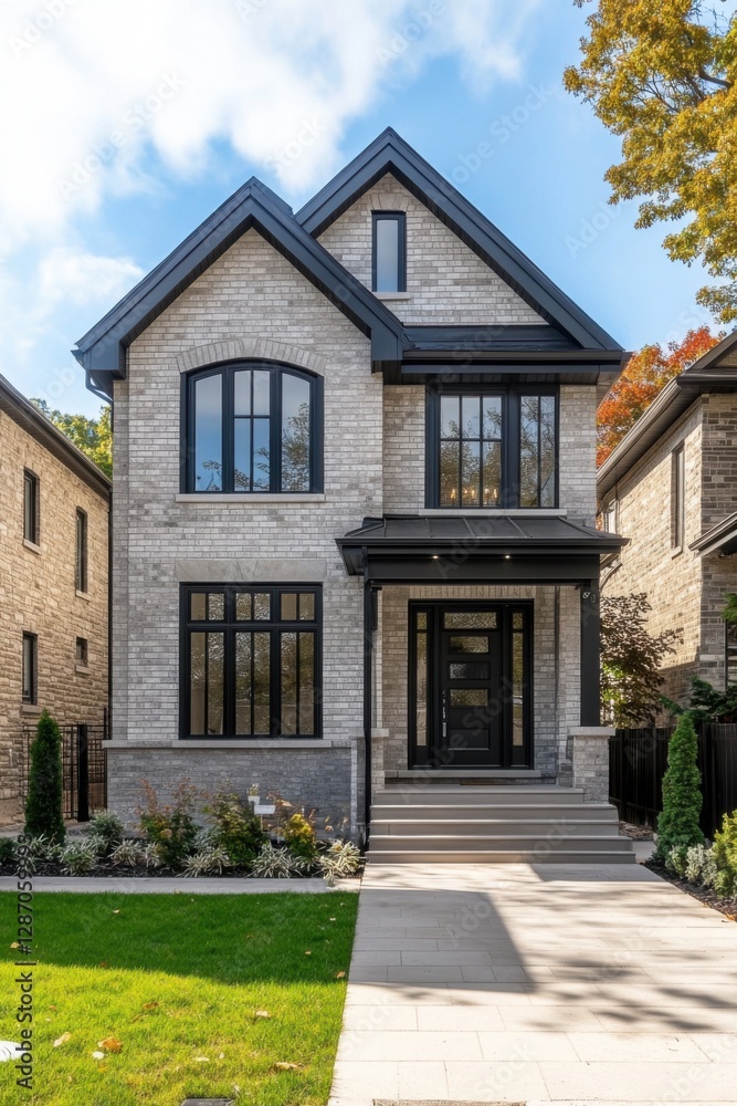 A contemporary brick home featuring expansive windows and beautifully manicured landscaping sits gracefully in a suburban neighborhood, basking in the warmth of a sunny autumn day A contemporary brick home featuring expansive windows and beautifully manicured landscaping sits gracefully in a suburban neighborhood, basking in the warmth of a sunny autumn day