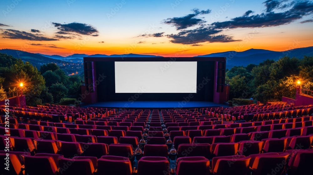 Fototapeta premium Outdoor movie screen with a blank white space for text, illuminated by stage lights against a scenic natural backdrop at sunset. Open-air cinema mockup for summer entertainment and event promotion.