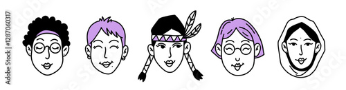 Set of doodle Women different nationalities and cultures