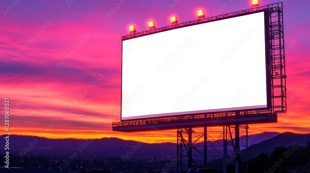 Fototapeta premium Outdoor movie screen with a blank white space for text, illuminated by stage lights against a scenic natural backdrop at sunset. Open-air cinema mockup for summer entertainment and event promotion.