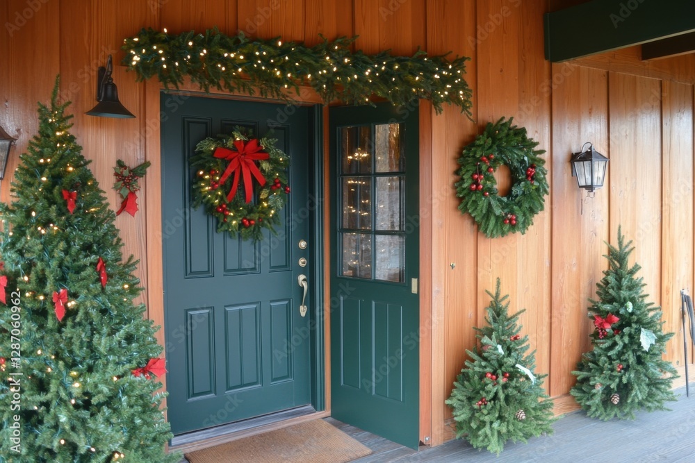 Fototapeta premium Charming holiday entrance decorated with wreaths and Christmas trees enhances the festive spirit during winter at a cozy home