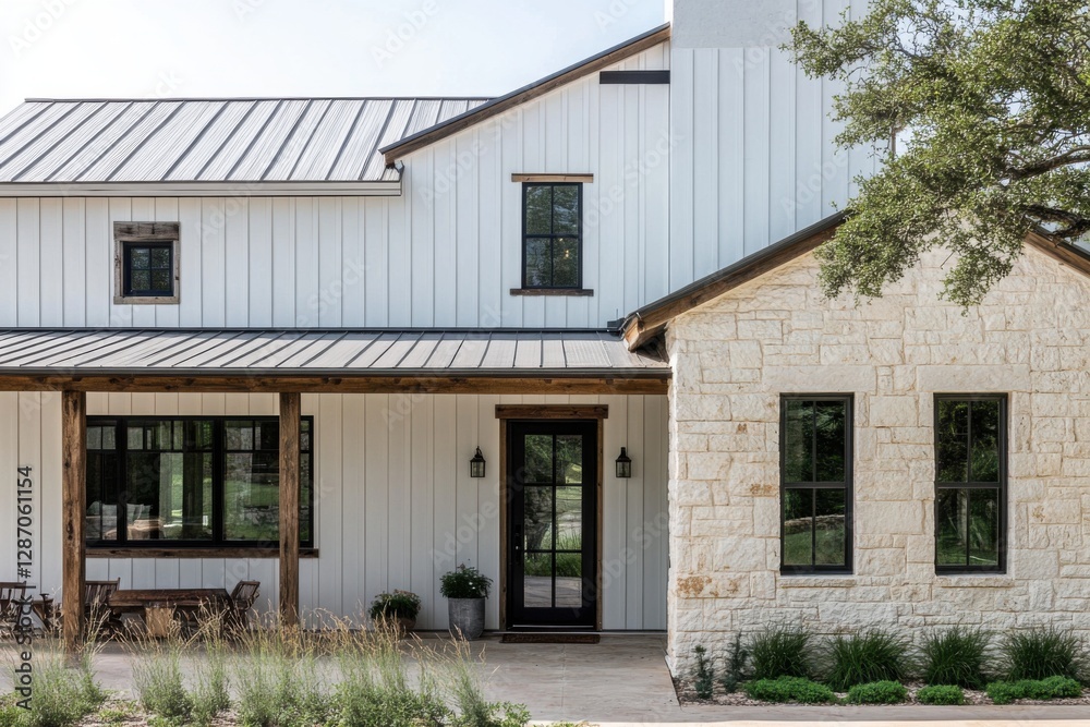 This stunning modern farmhouse exterior showcases an elegant white metal roof complemented by beautiful stone accents. This stunning modern farmhouse exterior showcases an elegant white metal roof complemented by beautiful stone accents.