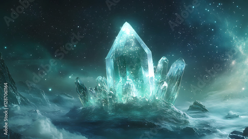 A celestial floating island made of glowing crystal hovering in the middle of a cosmic nebula bathed in ethereal light.