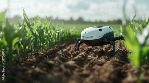 This captivating image portrays a robotic device actively tending to rows of green crops in a field, showcasing the future of sustainable agriculture and technology. photo