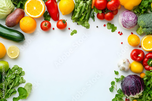 Long horizontal banner with fresh produce on white background for healthy eating