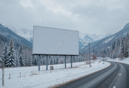 Cartel en blanco en un paisaje nevado, solo al borde de la carretera, con árboles cubiertos de nieve y montañas al fondo
