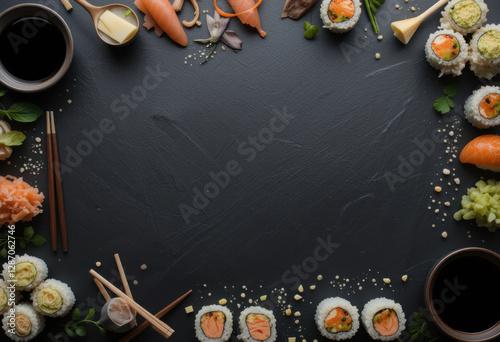 Fondo de pizarra oscura enmarcado por rollos de sushi, palillos, wasabi y tazones de salsa de soja, dando una elegante estética japonesa a la comida
 photo