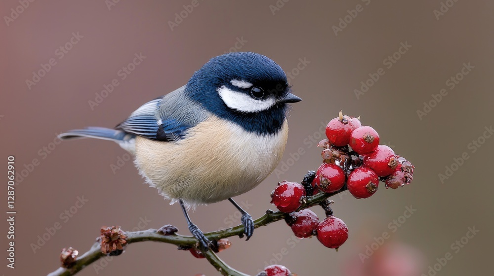 Obraz premium Cute bird eating berries in nature