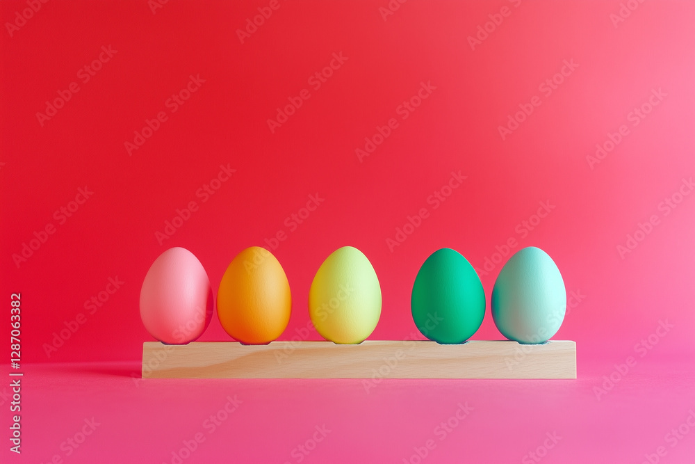 Fototapeta premium 5 kolorowych pomalowanych jajek na różowym tle