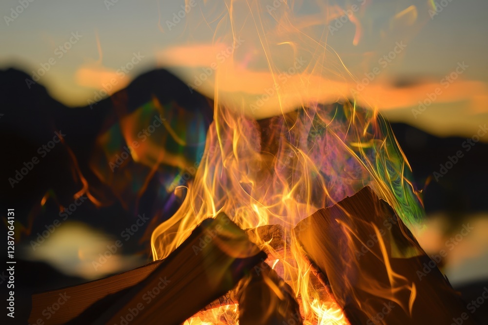 Fototapeta premium Vibrant Campfire Flames at Sunset with Mountains in Background