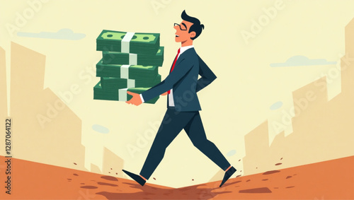 Businessman Carrying Money Stacks Blindly Walking into Business Trap Representing Risky Investments