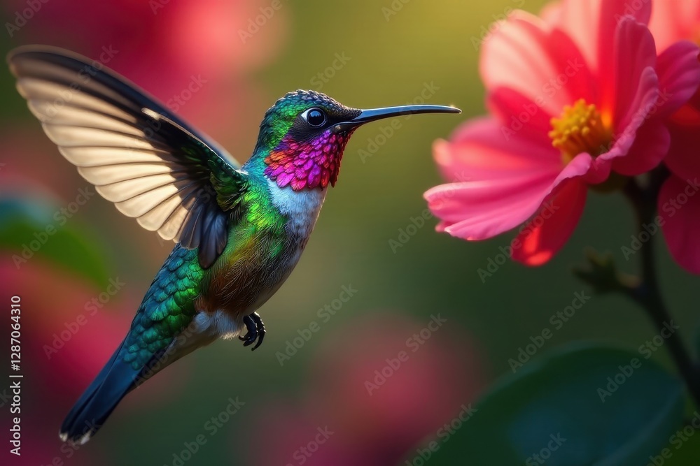 Fototapeta premium Vibrant hummingbird, iridescent feathers, nectar feeding, jewel-toned, red