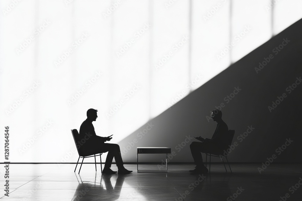 Two silhouettes engaged in a serious conversation in a minimalist setting with strong light and shadow contrast. Generative AI Two silhouettes engaged in a serious conversation in a minimalist setting with strong light and shadow contrast. Generative AI