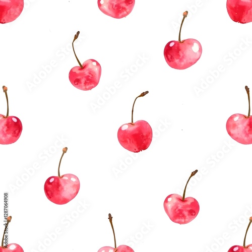 Seamless pattern of watercolor red cherries on white background