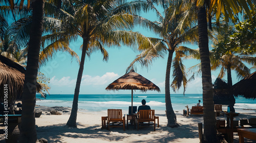 A digital nomad working from a laptop on a beach in Bali surrounded by palm trees and turquoise water.