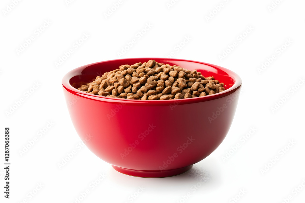 Red bowl filled with dry food isolated on white Red bowl filled with dry food isolated on white