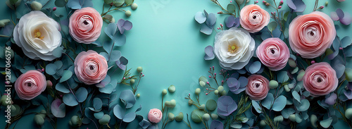 Beautiful Spring background with copy space. Paper Flowers and green leaves composition. Pastel Teal Postcart template for  Mother's Day or Wedding invitations