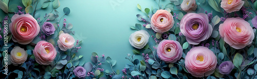 Beautiful Spring background with copy space. Paper Flowers and green leaves composition. Pastel Teal Postcart template for  Mother's Day or Wedding invitations