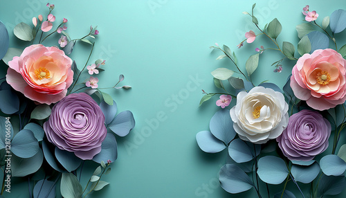 Beautiful Spring background with copy space. Paper Flowers and green leaves composition. Pastel Teal Postcart template for  Mother's Day or Wedding invitations
