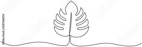 Monstera leaf continuous line drawing. Tropic linear leaf symbol. Vector illustration isolated on white.	