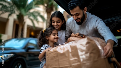Happy Muslim Family Unloading Car With Boxes Outdoors In Daytime Smiling Focus On Father And