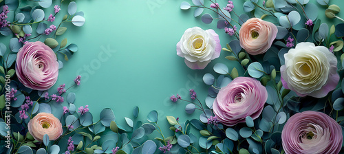 Beautiful Spring background with copy space. Paper Flowers and green leaves composition. Pastel Teal Postcart template for  Mother's Day or Wedding invitations