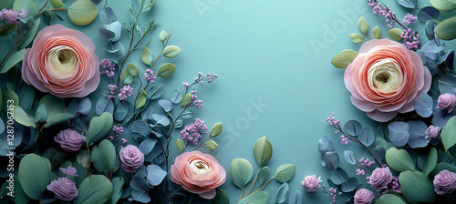Beautiful Spring background with copy space. Paper Flowers and green leaves composition. Pastel Teal Postcart template for  Mother's Day or Wedding invitations