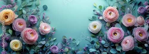 Beautiful Spring background with copy space. Paper Flowers and green leaves composition. Pastel Teal Postcart template for  Mother's Day or Wedding invitations