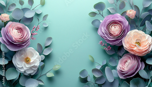 Beautiful Spring background with copy space. Paper Flowers and green leaves composition. Pastel Teal Postcart template for  Mother's Day or Wedding invitations