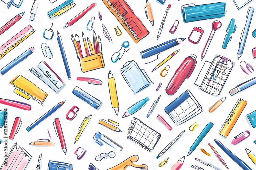 Seamless vector pattern of doodled school supplies on a white backdrop Seamless vector pattern of doodled school supplies on a white backdrop