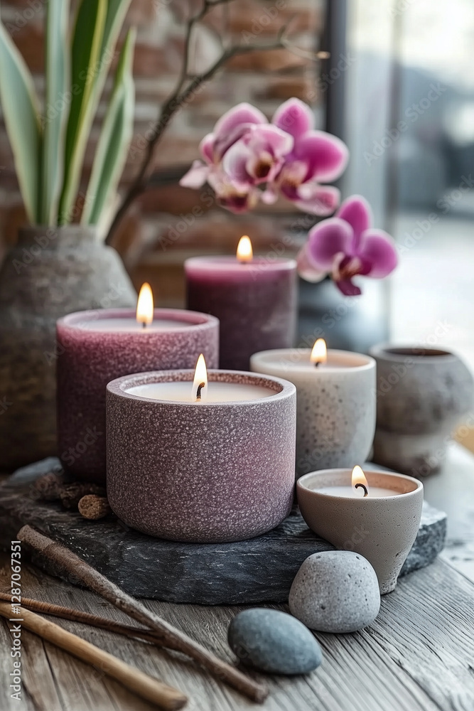 Serene candle arrangement with pink orchids and smooth stones. Wellness and natural home decor Serene candle arrangement with pink orchids and smooth stones. Wellness and natural home decor