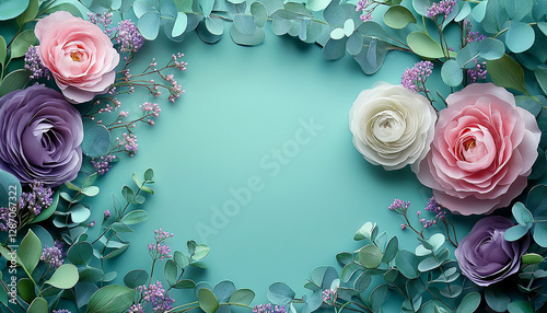Beautiful Spring background with copy space. Paper Flowers and green leaves composition. Pastel Teal Postcart template for  Mother's Day or Wedding invitations