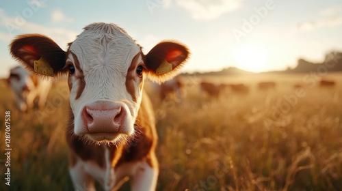 A charming young calf gazing intently at the camera, surrounded by a golden glow from the sunrise, symbolizing innocence and the beauty of nature.