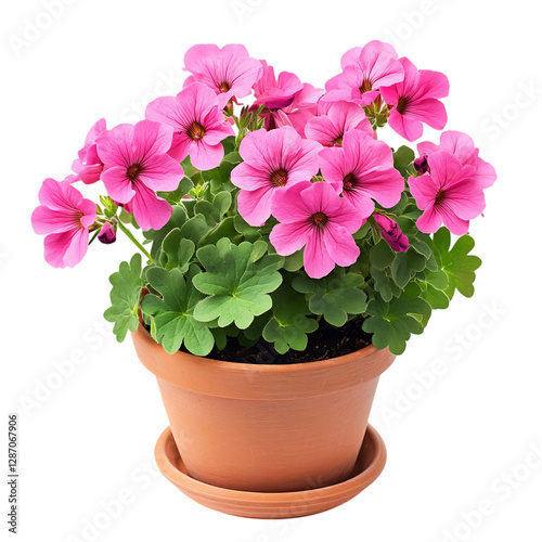 Vibrant Potted Geranium with Pink Flowers Isolated on Transparent Background