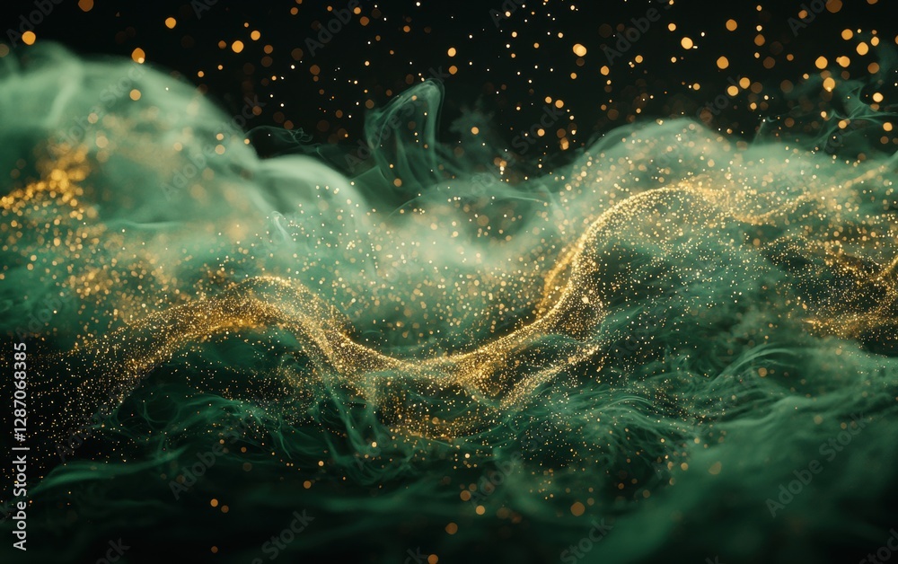 Fototapeta premium Abstract floating green mist with golden sparkles in motion for Saint Patricks Day