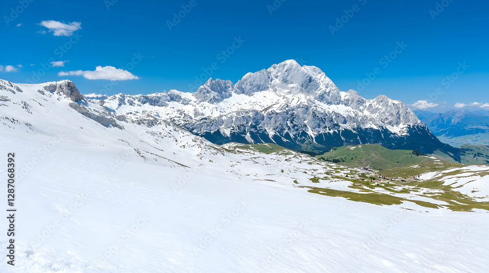 Fototapeta premium Majestic snow-capped Alps mountain range, spring thaw, green valley