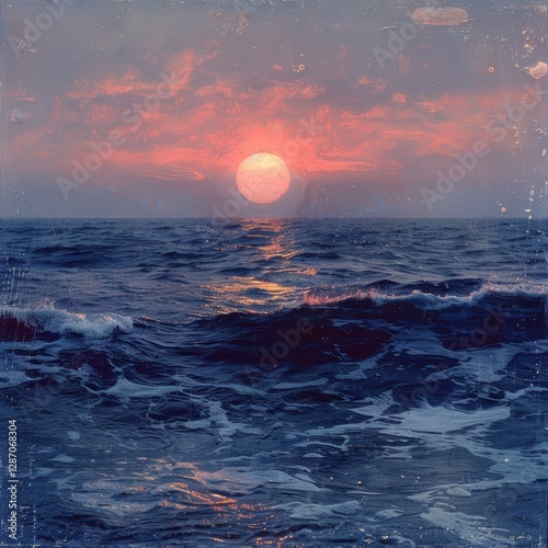 A vibrant sunset paints the ocean waves with pink and orange hues, evoking a vintage-inspired, dreamy seaside atmosphere