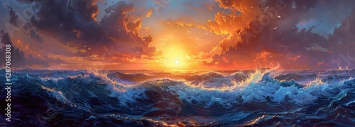 A vibrant sunset paints the ocean waves with pink and orange hues, evoking a vintage-inspired, dreamy seaside atmosphere