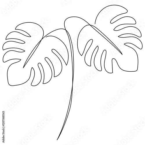 Monstera leaves continuous line drawing. Tropic linear leaf symbol. Vector illustration isolated on white.	