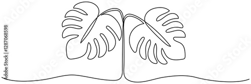 Monstera leaves continuous line drawing. Tropic linear leaf symbol. Vector illustration isolated on white.	