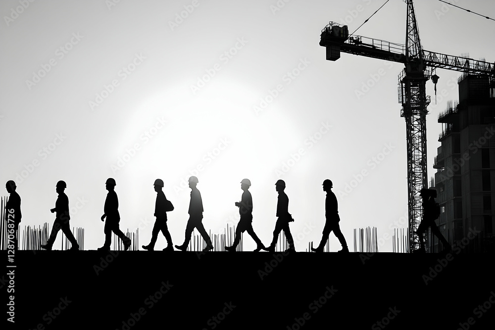 Team of professionals walking at construction site under clear sky Team of professionals walking at construction site under clear sky