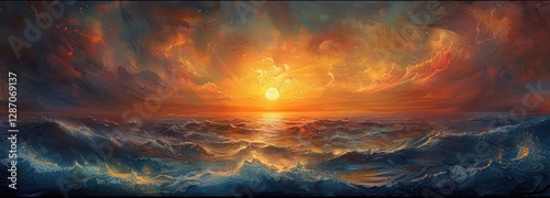 A vibrant sunset paints the ocean waves with pink and orange hues, evoking a vintage-inspired, dreamy seaside atmosphere